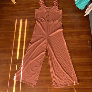 girls button front jumpsuit rust m,red